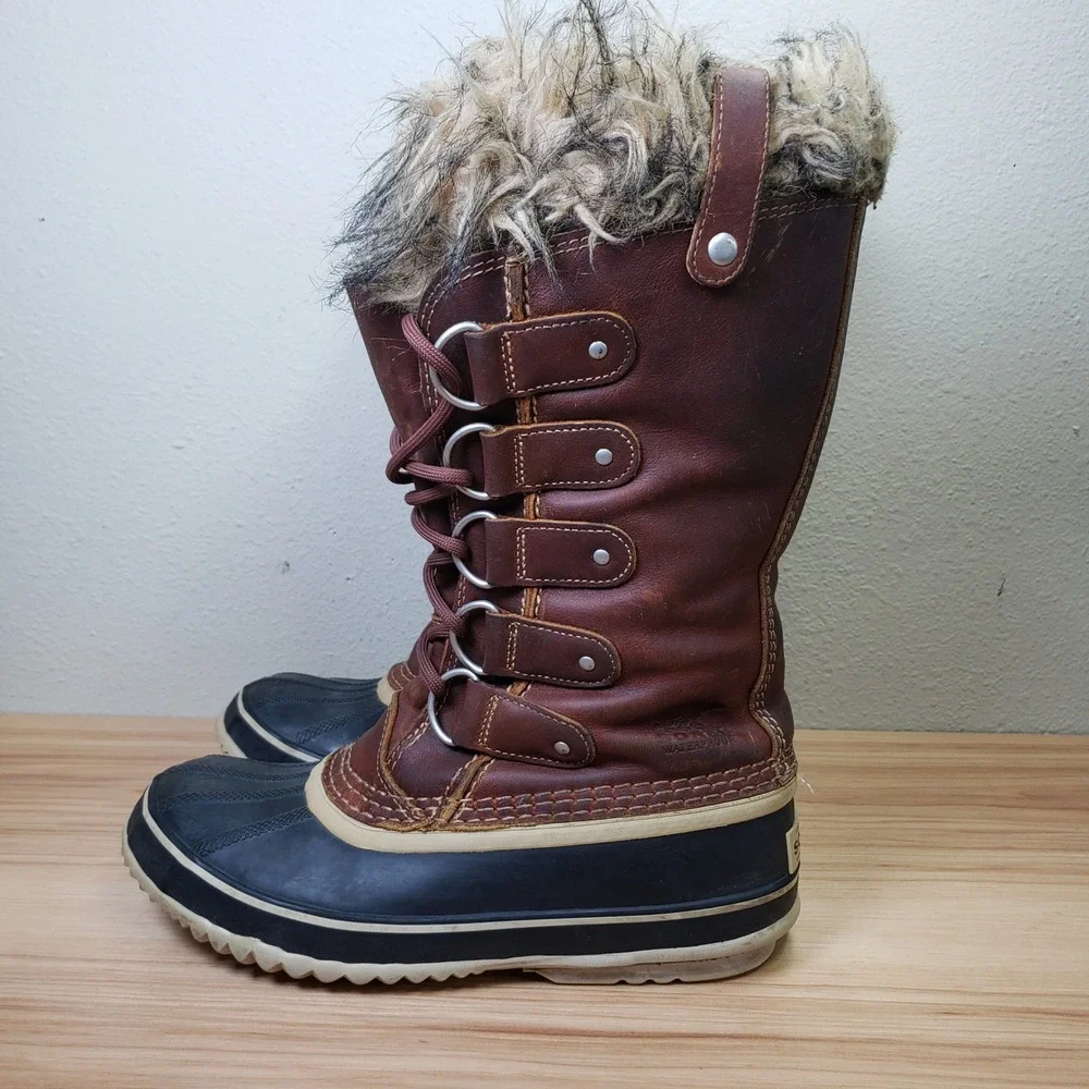 Sorel Joan Of Arctic Waterproof Winter Boots Fur Trim Tall Brown Cabincore Sz 8